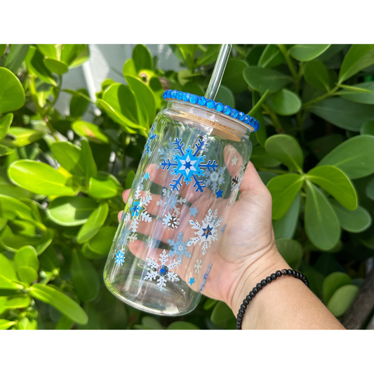 SnowFlake Blue 16oz Clear Glass