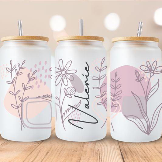 Personalized Pink Flowers Glass Cup